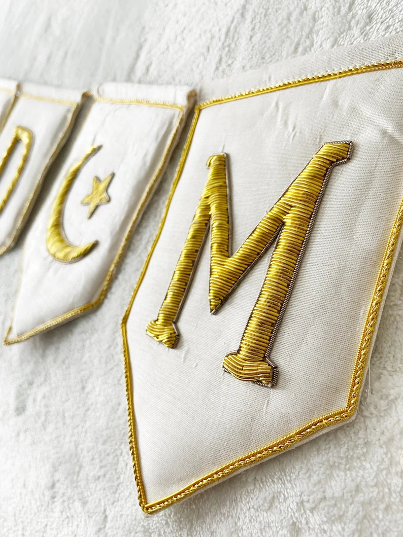 PREORDER Eid & Ramadan Mubarak Bunting | Luxury Heirloom Gold Zardozi embroidered reusable banner Islamic Celebration Muslim Handmade Mosque
