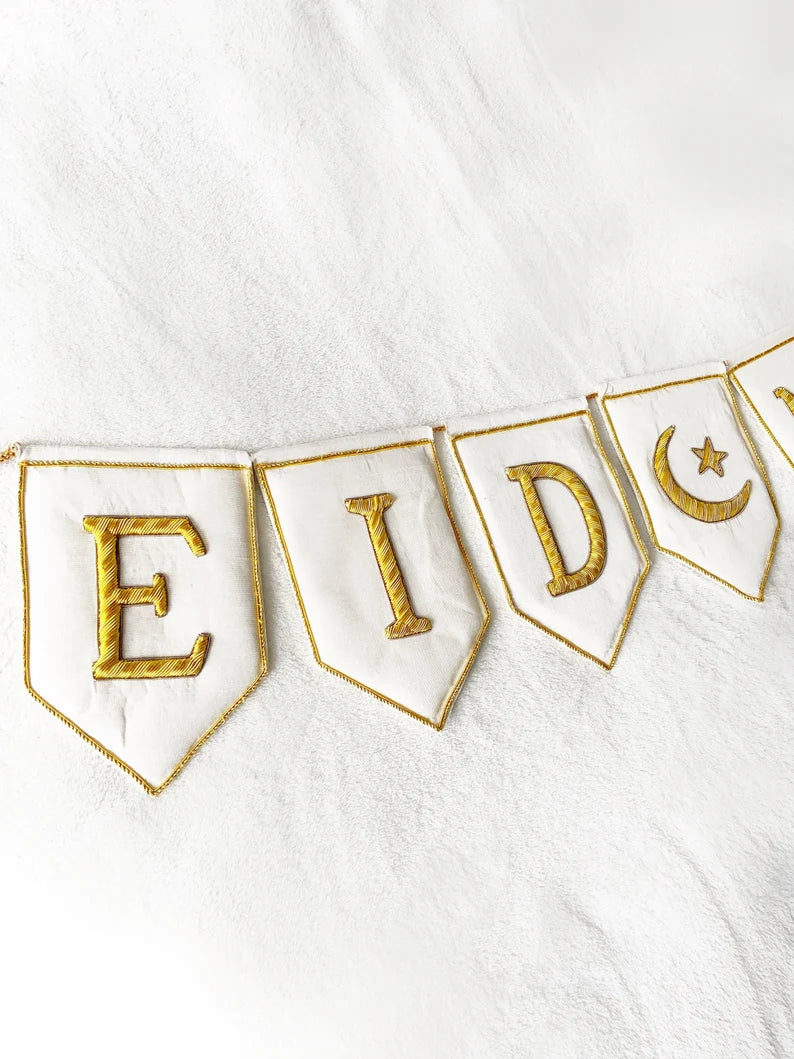 PREORDER Eid & Ramadan Mubarak Bunting | Luxury Heirloom Gold Zardozi embroidered reusable banner Islamic Celebration Muslim Handmade Mosque