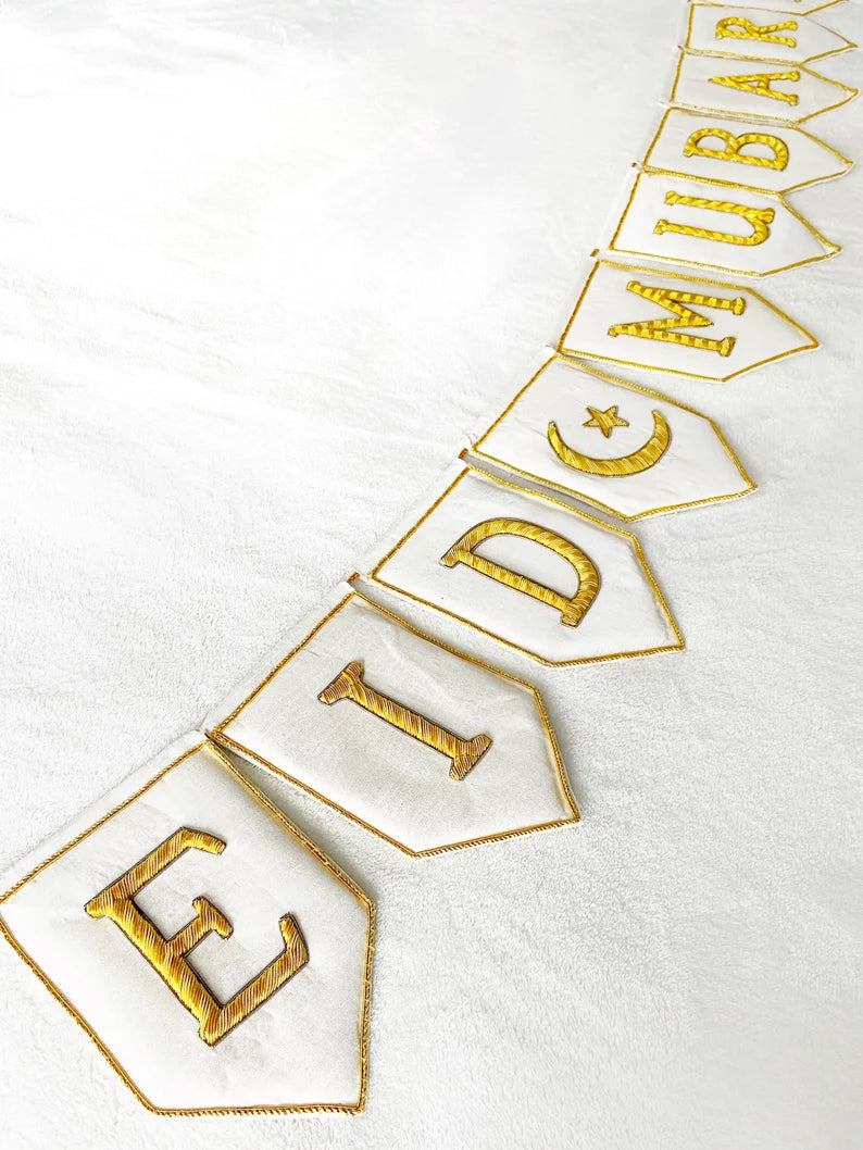 PREORDER Eid & Ramadan Mubarak Bunting | Luxury Heirloom Gold Zardozi embroidered reusable banner Islamic Celebration Muslim Handmade Mosque