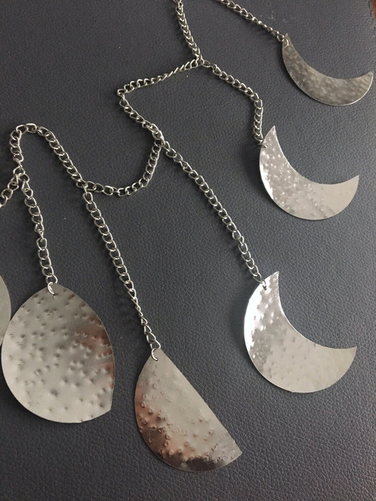 Silver Moon phase Garland hammered metal, lunar, chakra, nature lover, astronomy, stars, home holiday decor, space, fairy garden, home decor