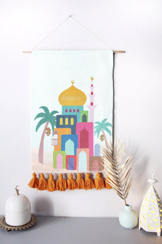 Mosque Islamic art wall hanging weave tapestry, muslim children's room, masjid, salat, multicolour, vibrant home decor, macramé