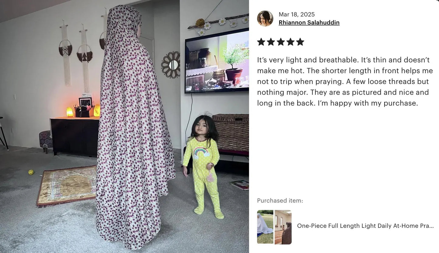 One-Piece Full Length Light Daily At-Home Prayer Hijab/Jilbab | Salah Hijab women house full coverage modest muslim Islamic pillars Ramadan