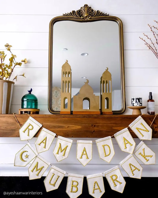 PREORDER Eid & Ramadan Mubarak Bunting | Luxury Heirloom Gold Zardozi embroidered reusable banner Islamic Celebration Muslim Handmade Mosque